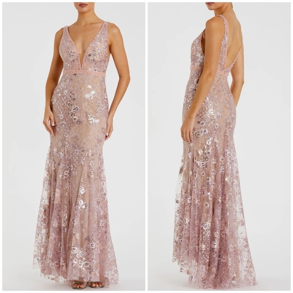 NWT Mac Duggal Pink Floral Embellished Sleeveless Plunge Neck Gown Rose Pink 8 - Picture 1 of 14